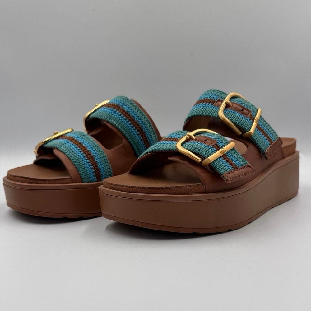 FitFlop Gen-FF Max Platform Sandals Womens 7 Teal Webbing & Tan Chunky Slides